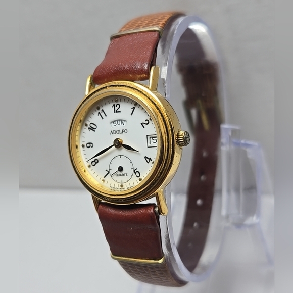 Womens Adolfo Watch Day Date Gold Brown Croc Band New Battery 227-70220 French - Picture 2 of 11